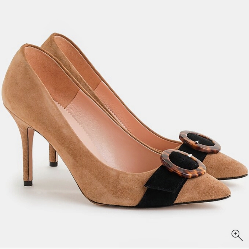 J. Crew Suede Elsie Pump Camel Heels with Black buckle Size 5.5